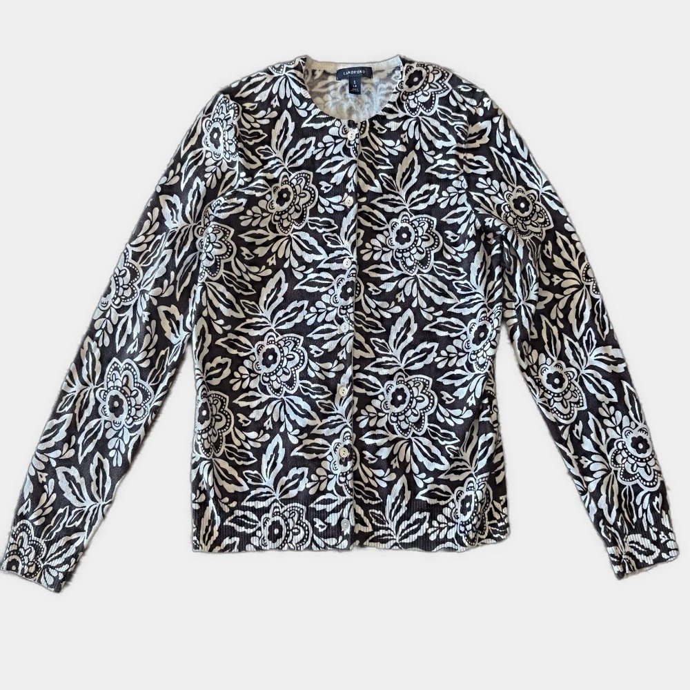 Lands End Woman's Cardigan Small 6-8 Paisley Floral Layering Preppy Sweater NWOT